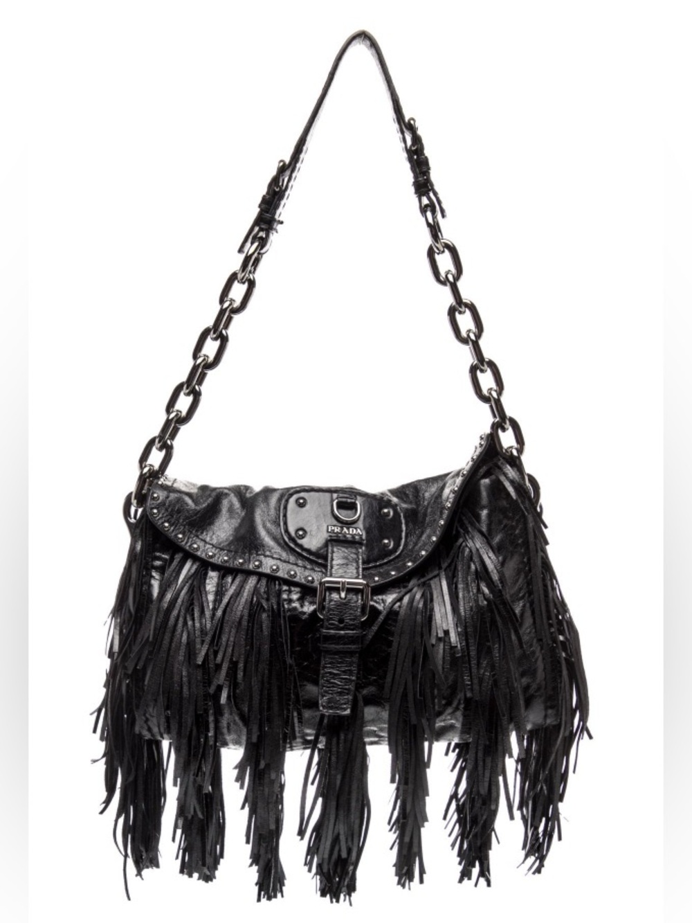 Prada Black Leather Fringe Vitello Shine Fringe Chain Shoulder Bag